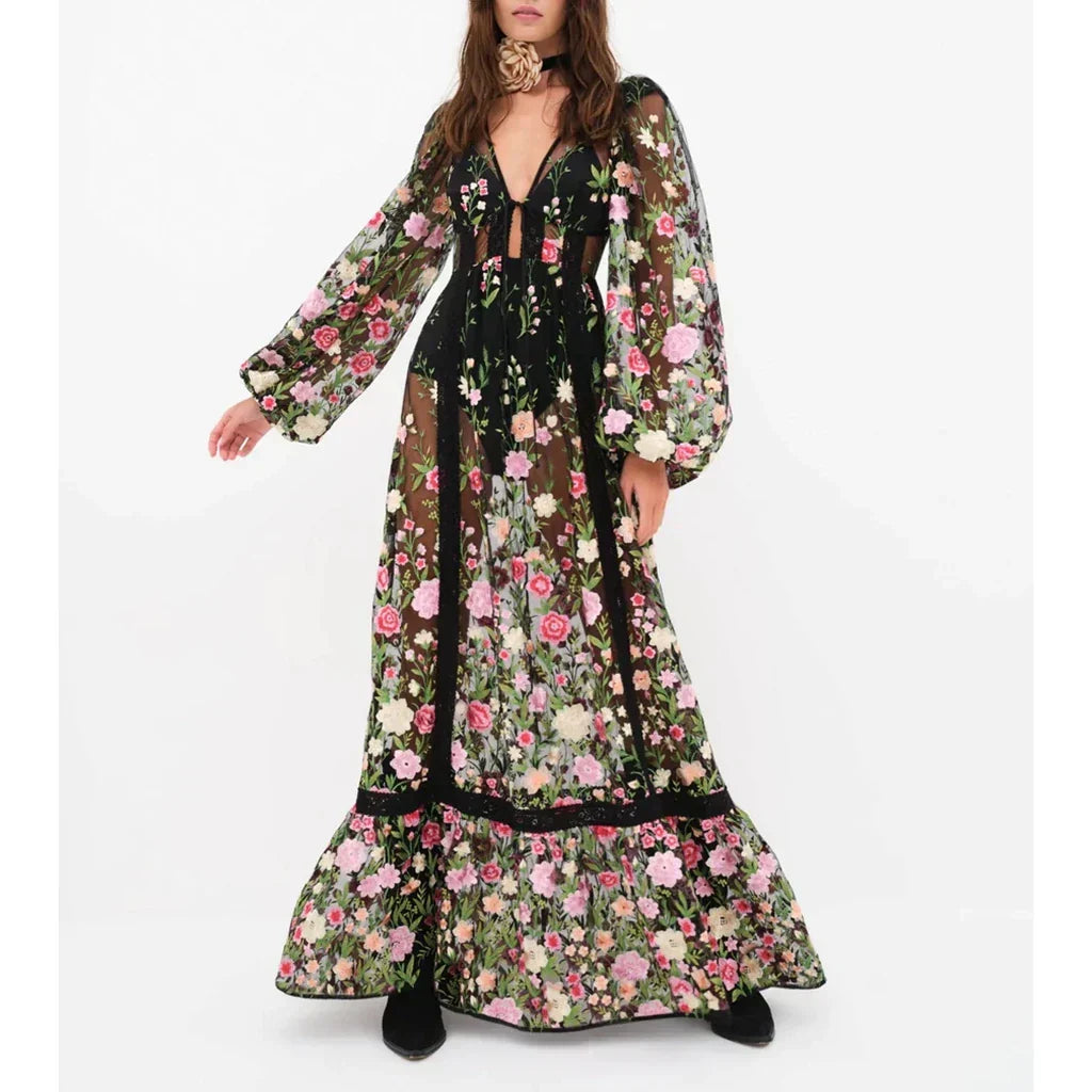 Floral Embroidery Mesh Bishop Sleeve Deep V-Neck Tie Front Tiered Maxi Gown