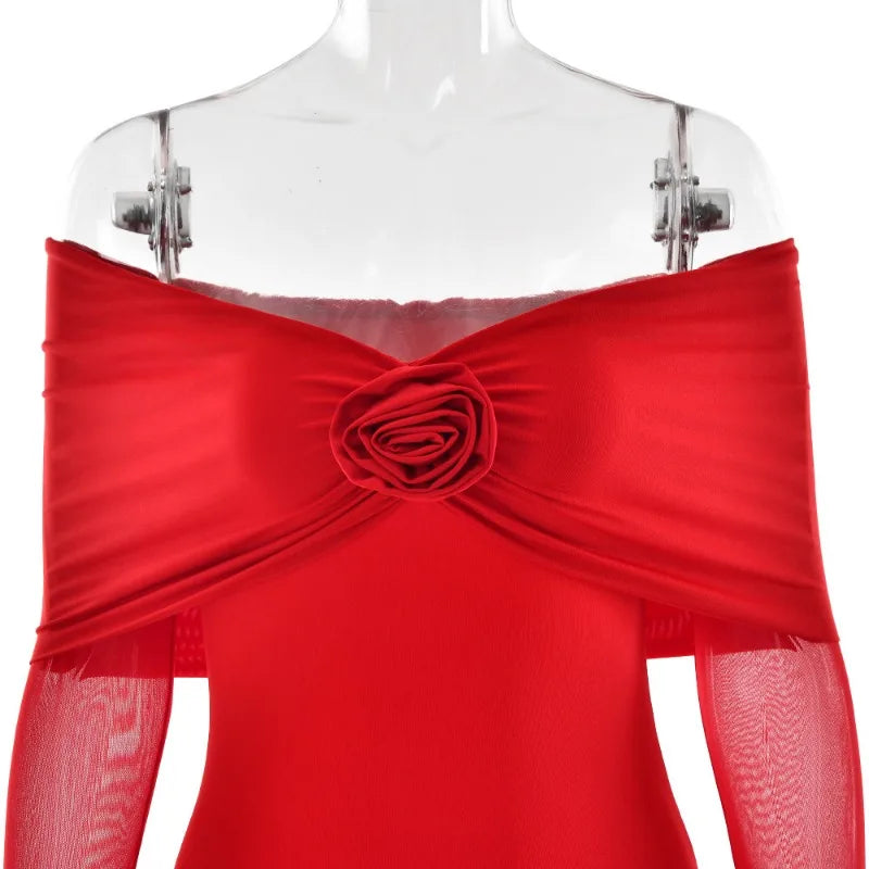 Off Shoulder Long Sleeve Rosette Mermaid Gown