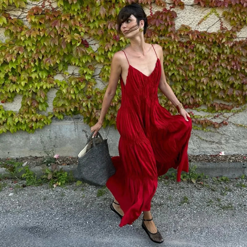 Pleated Deep Vneck Backless Slim Slip Dress
