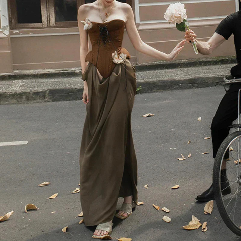 Sexy Women Butterfly Detail Strapless Long Dress Aesthetic Chic Detachable Corset Top Vintage Graceful Maxi Dresses