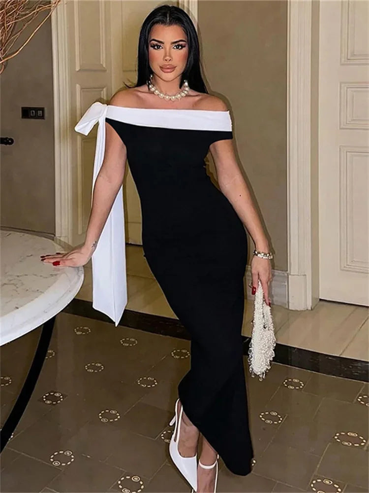 Contrast Trim Off Shoulder Bow Sash Bodycon Midi Dress 4