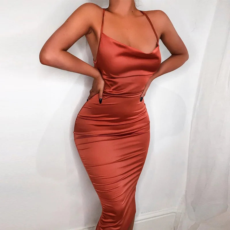 Neon Satin Lace Up Backless Midi Dress in Pink - View 3