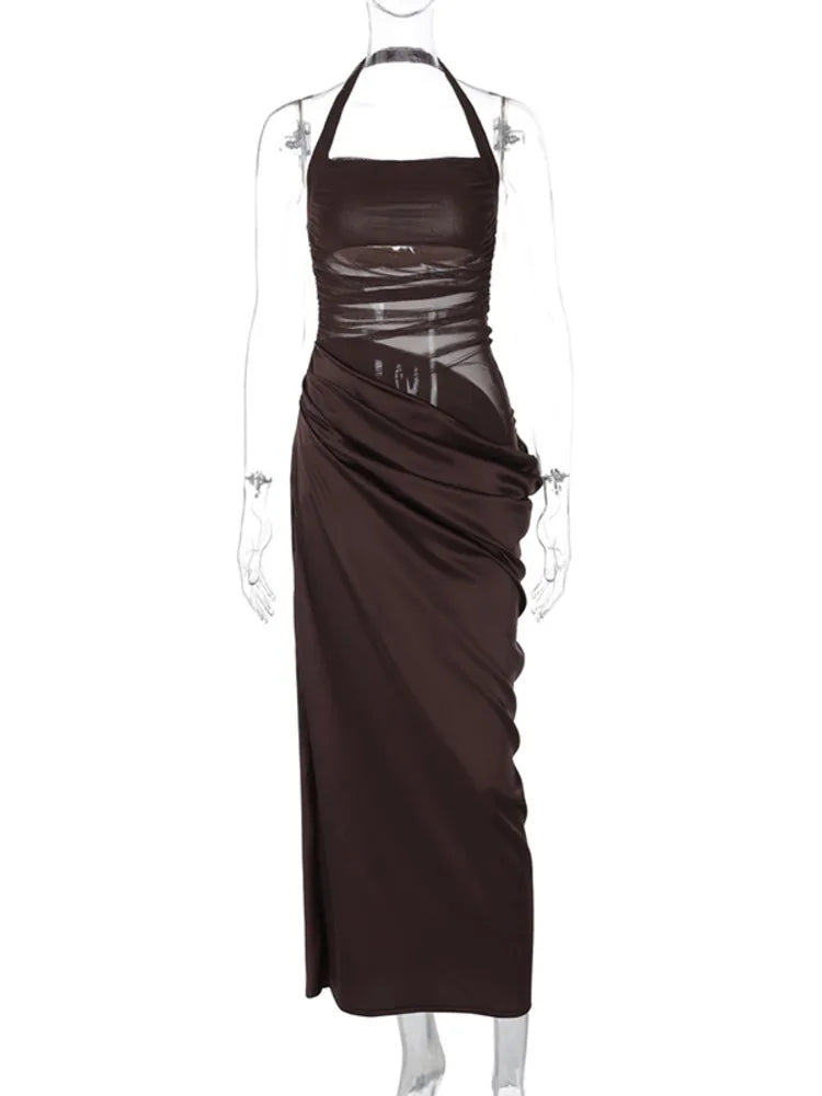 Mesh Halter Neck Backless Ruched Bodycon Maxi Dress