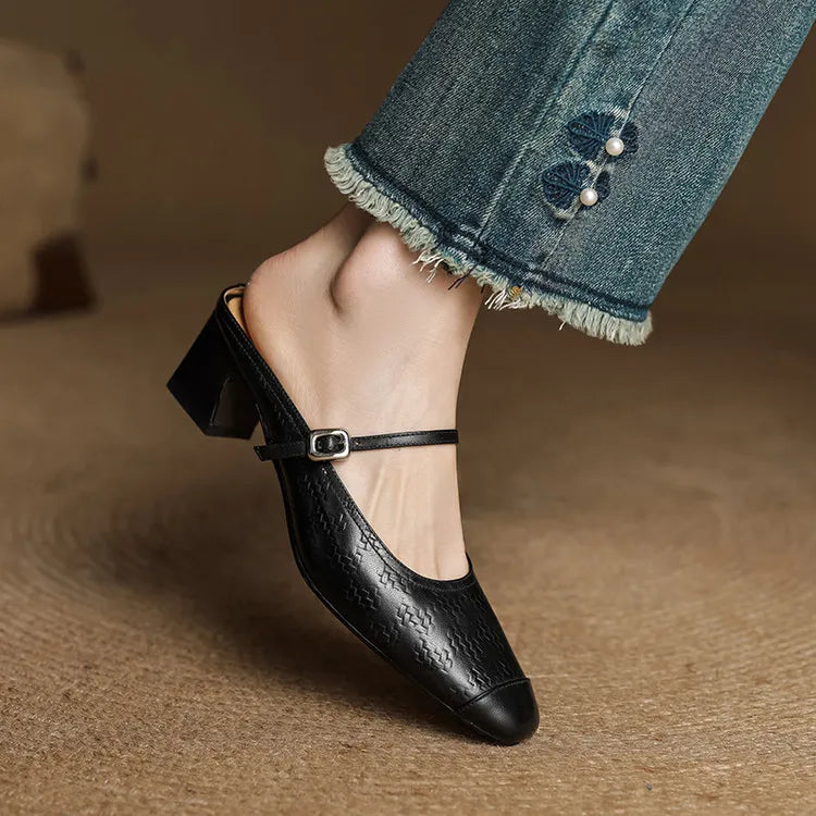Embossed Square Toe Buckle Strap Block Heel Mary Jane Pumps