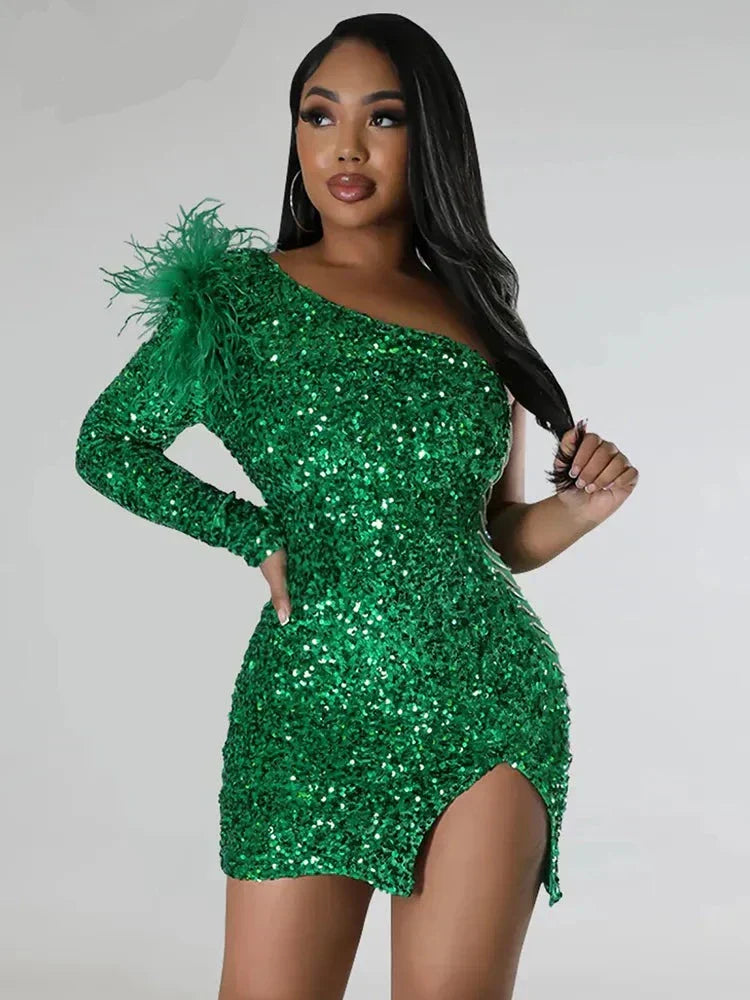 Sequin One Shoulder Feather Trim Chain Detail Back Zip Mini Cocktail Dress