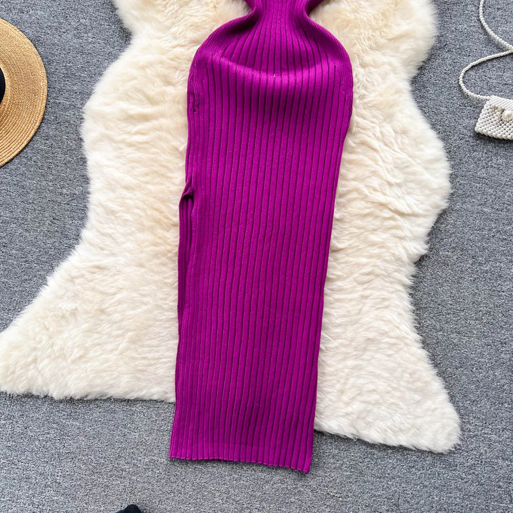 Ribbed Knit V-Neck Sleeveless Cut Out High Split Bodycon Maxi Dress