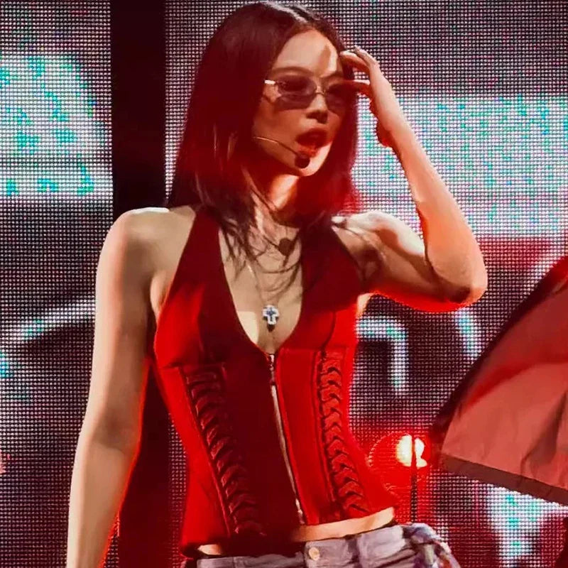 Cross Tie Zipper Slim Off Shoulder Backless Cami Top