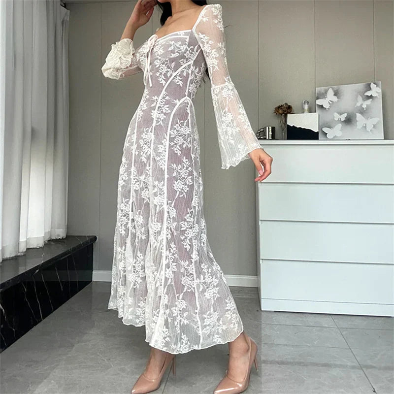 Lace Flared Sleeve A-Line Midi Dress - View 5