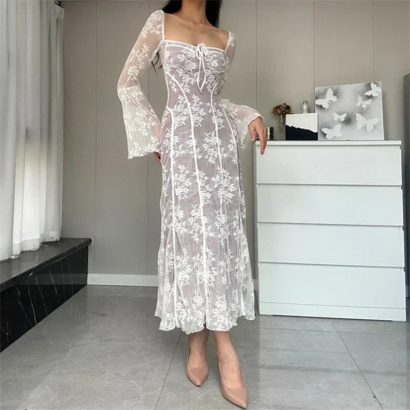 Sheer Floral Lace Square Neck Flare Sleeve Tie Front Midi Dress