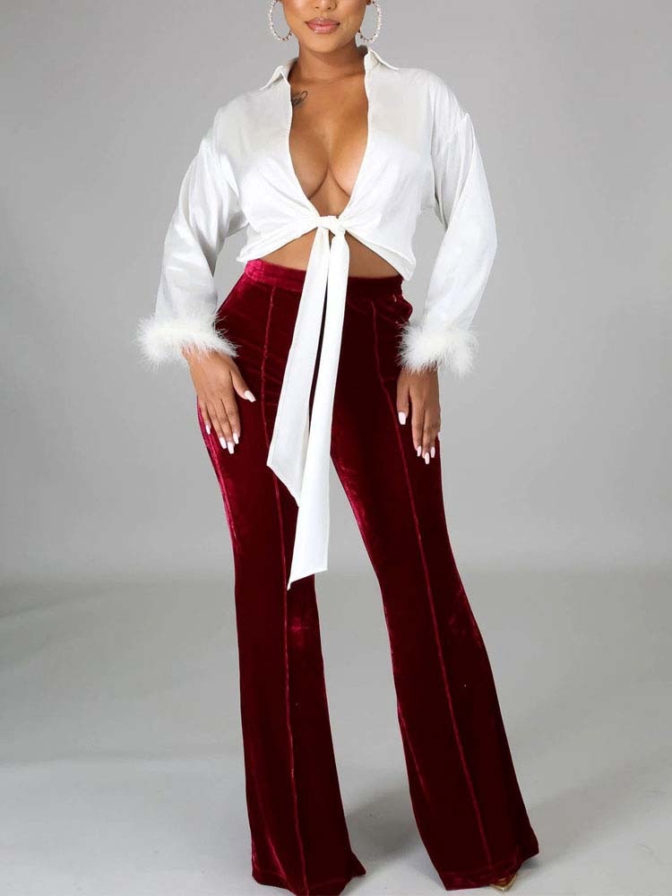 High Waist Velvet Front Seam Flare Leg Bell Bottom Pants 5