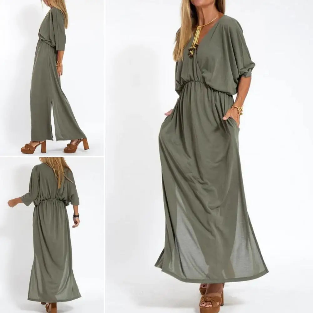 V-Neck Batwing Sleeve Elastic Waist Pocket Maxi Dress
