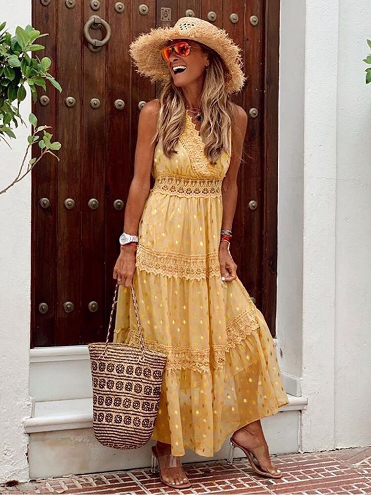 Crochet Lace Trim V-Neck Sleeveless Tiered Maxi Summer Dress