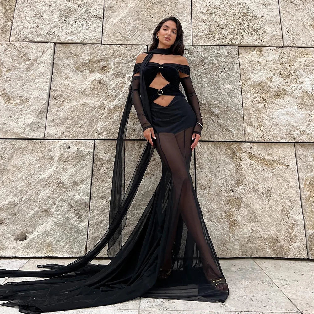 Off The Shoulder Mesh Folded Scarf Maxi Dress - View 8