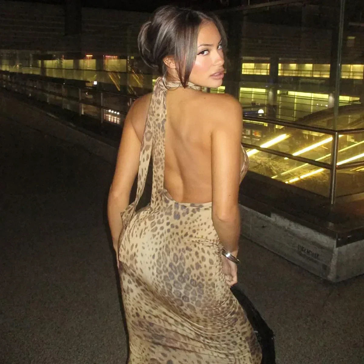 Leopard Print Halter Neck Lace Up Cut Out Ruched Bodycon Midi Dress