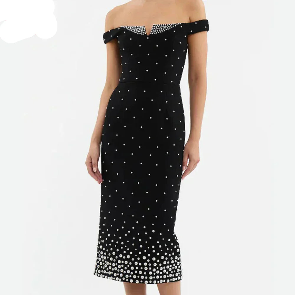 Pearl Trim Off Shoulder V Notch Beaded Gradient Hem Bodycon Midi Dress