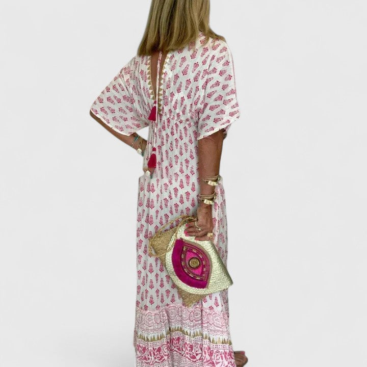 Boho Print Deep V-Neck Tie Front Flutter Sleeve Maxi Dress