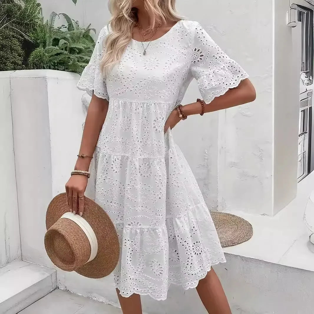 Eyelet Round Neck Flutter Sleeve Tiered Midi Dress 3