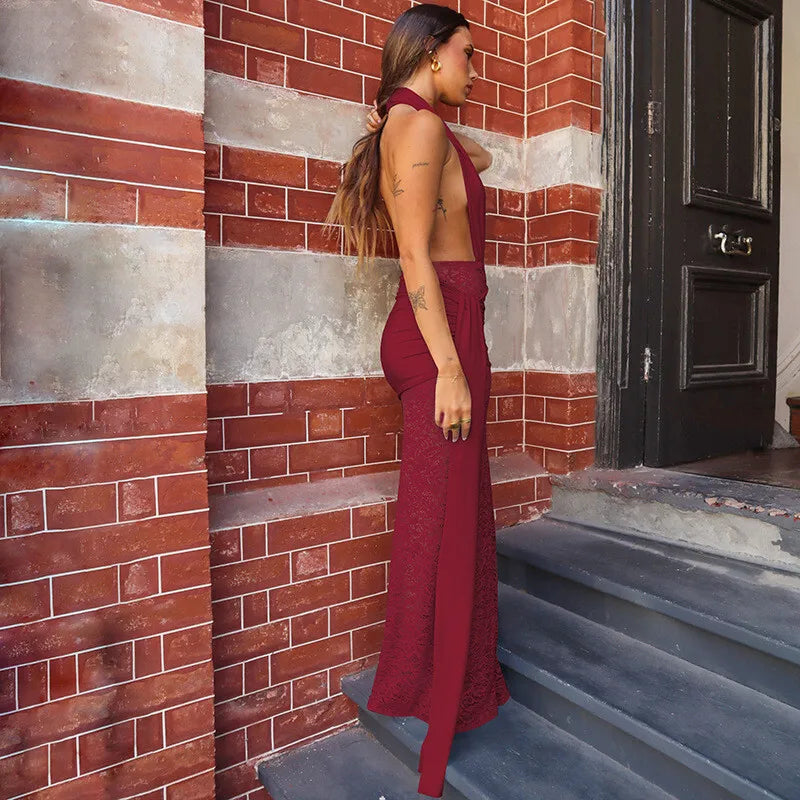Halter Neck Deep V-Neck Draped Waist Lace Skirt Maxi Gown 18