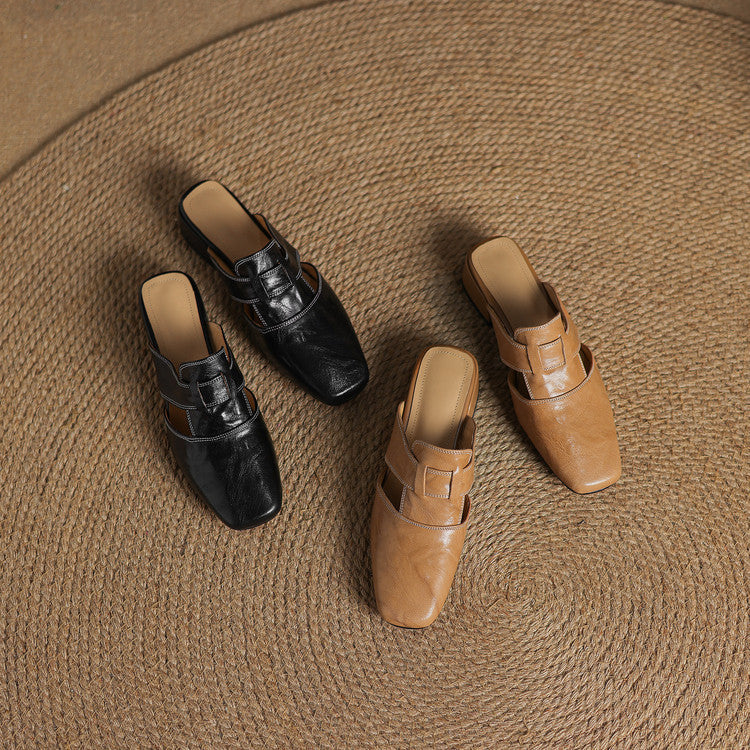 Square Toe Cut Out Strap Block Heel Mules