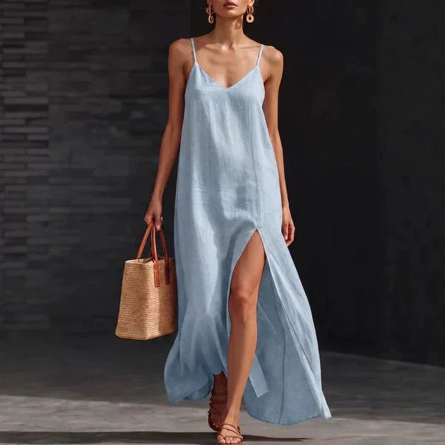 V-Neck Spaghetti Strap High Split Linen Look Maxi Dress