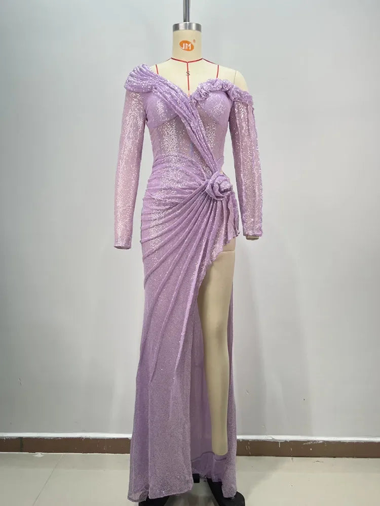 Off - Shoulder Long Sleeve Asymmetric Mesh Dress - View 3