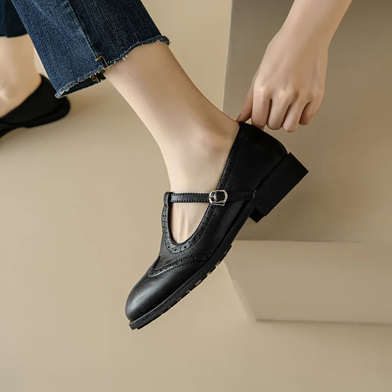 Brogue T-Strap Buckle Block Heel Mary Jane Shoes