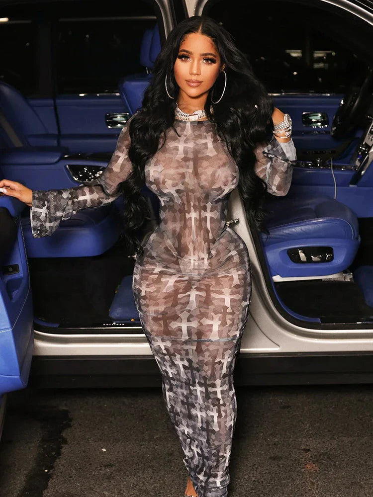 Mesh Print Colorblock Sheath Midi Dress - View 6