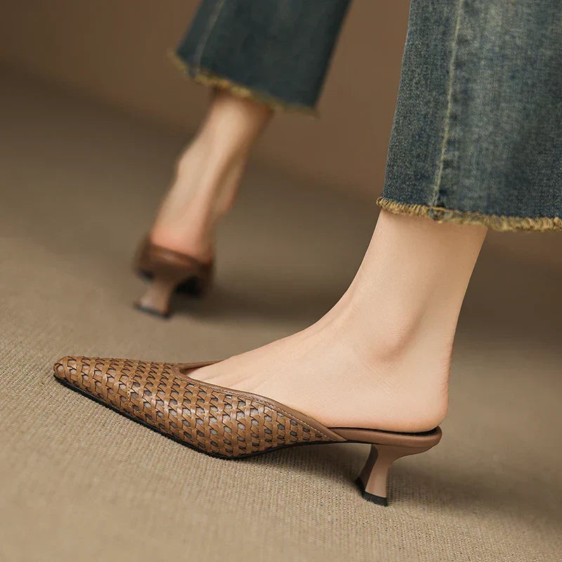 Woven Pointed Toe Kitten Heel Mules