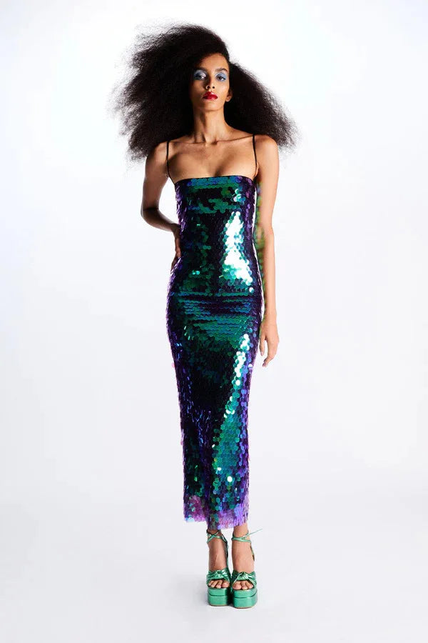 Paillette Sequin Square Neck Spaghetti Strap Bodycon Midi Dress