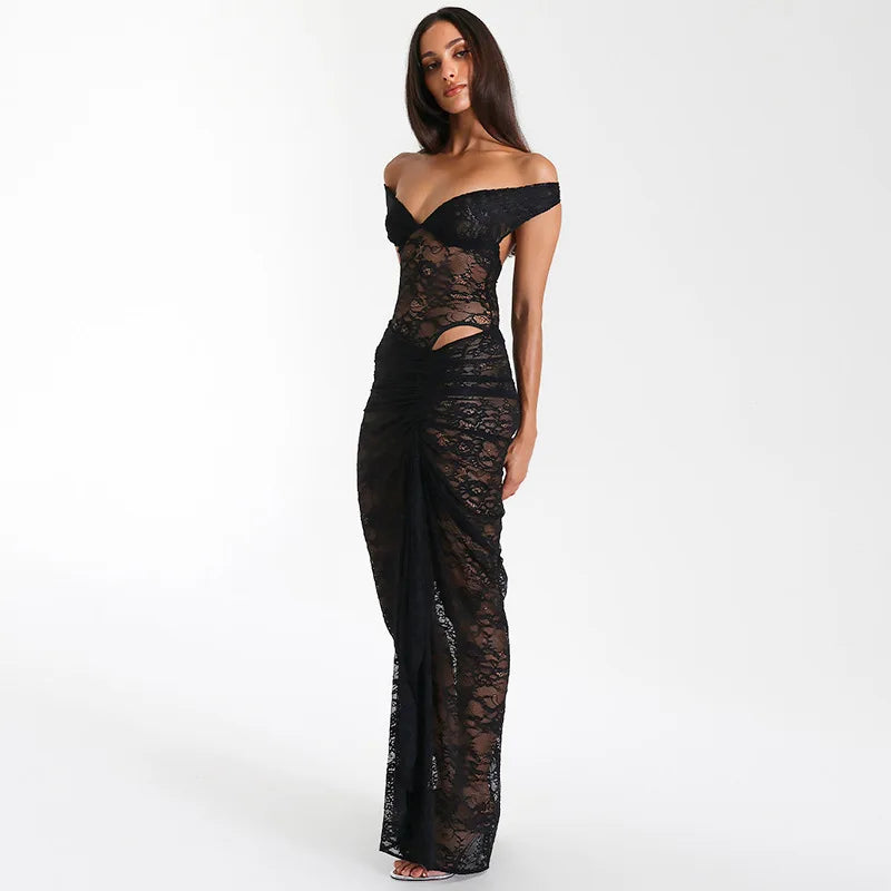 Lace Off Shoulder Sweetheart Corset Hip Cut Out Ruched Maxi Gown