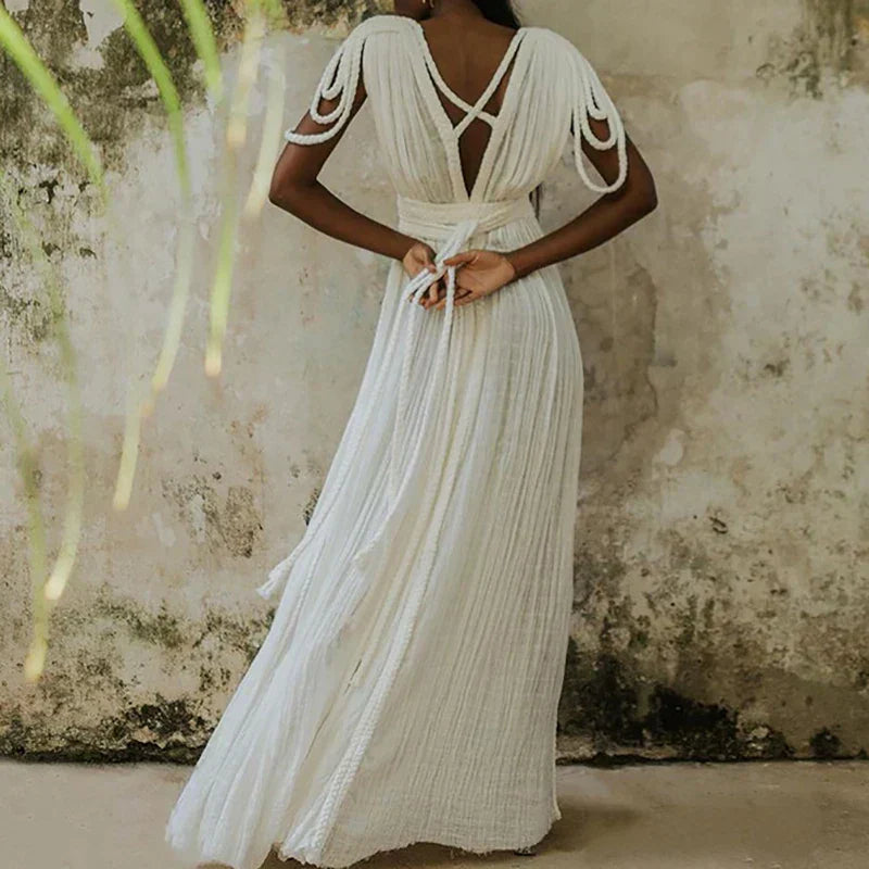 Braided Rope Trim One Shoulder Belted High Split Maxi Dress