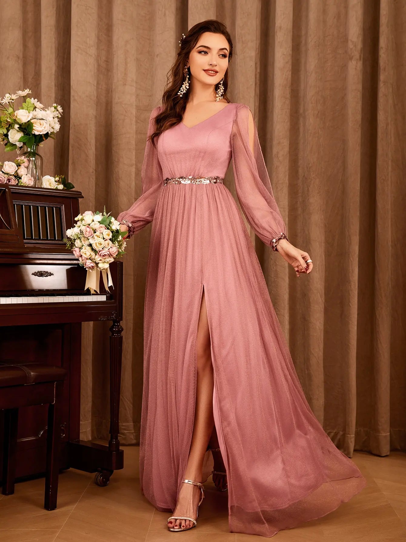 Gauze Applique Slit V-neck Maxi Dress - View 7