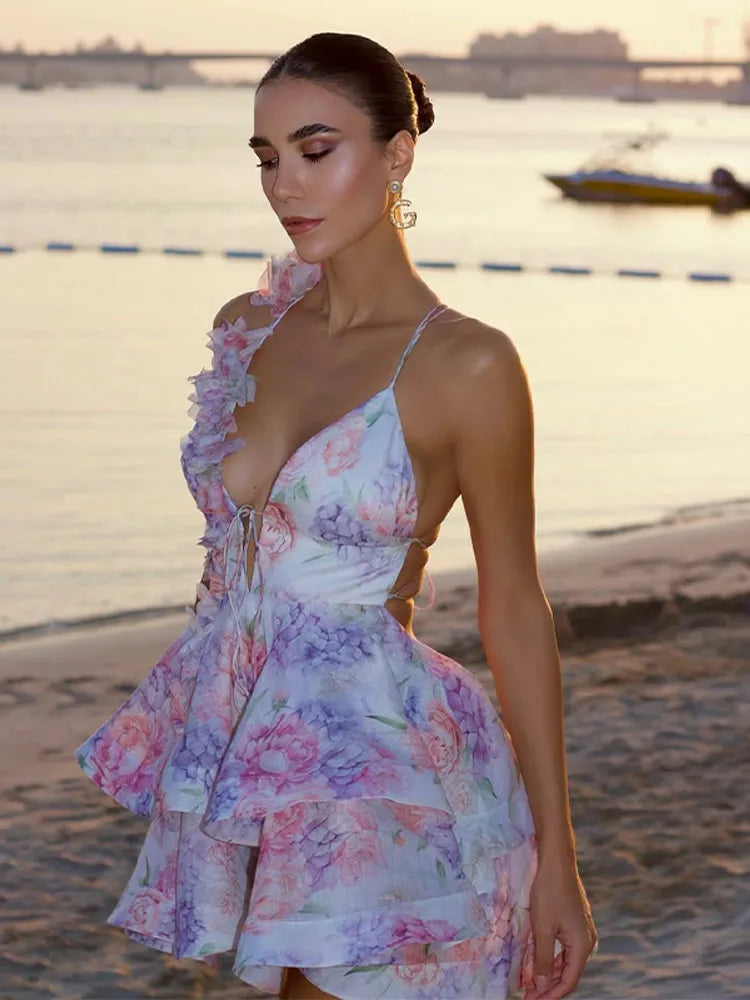 Floral Print Deep V-Neck Puff Sleeve Ruffle Fit and Flare Mini Dress