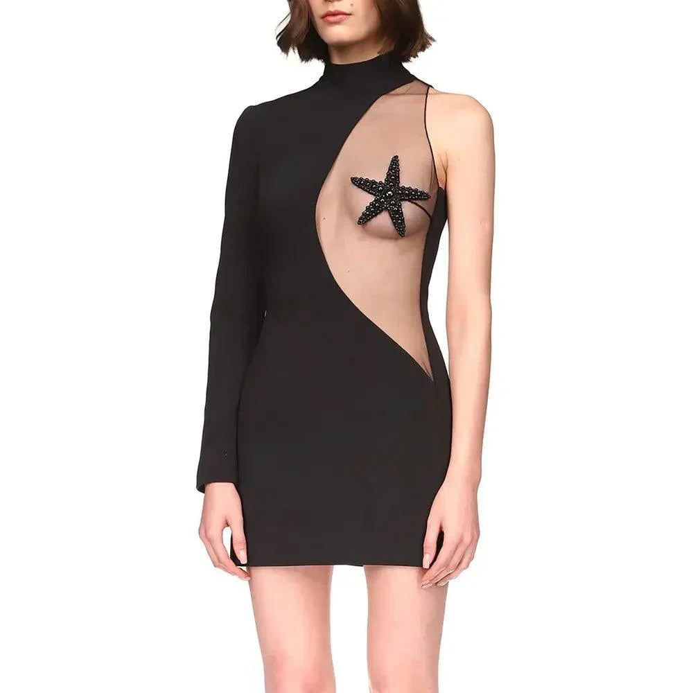 One Shoulder Long Sleeve Starfish Mesh Panel Bodycon Mini Dress
