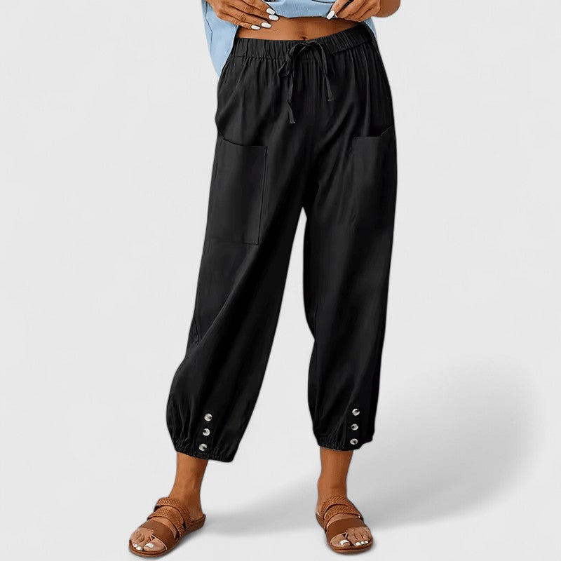 High Waist Drawstring Button Hem Cropped Pants