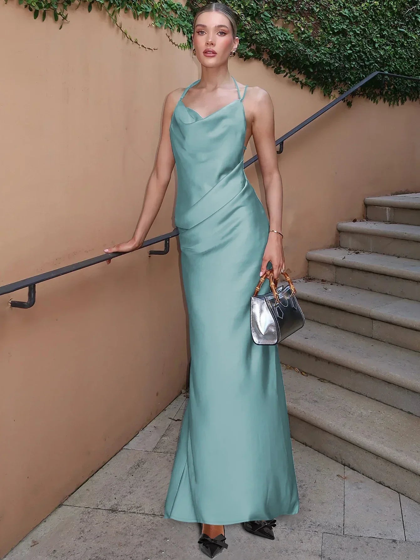 Satin Swing Collar Ruched Maxi Dress - View 3