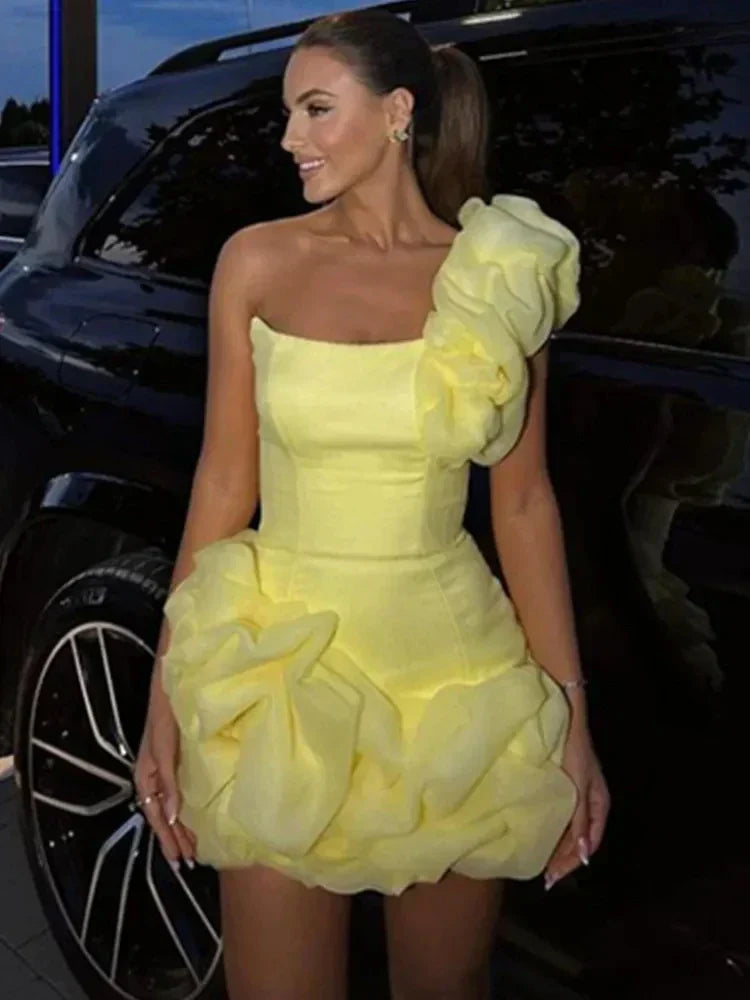 One Shoulder Rosette Ruffle Hem Corset Mini Party Dress