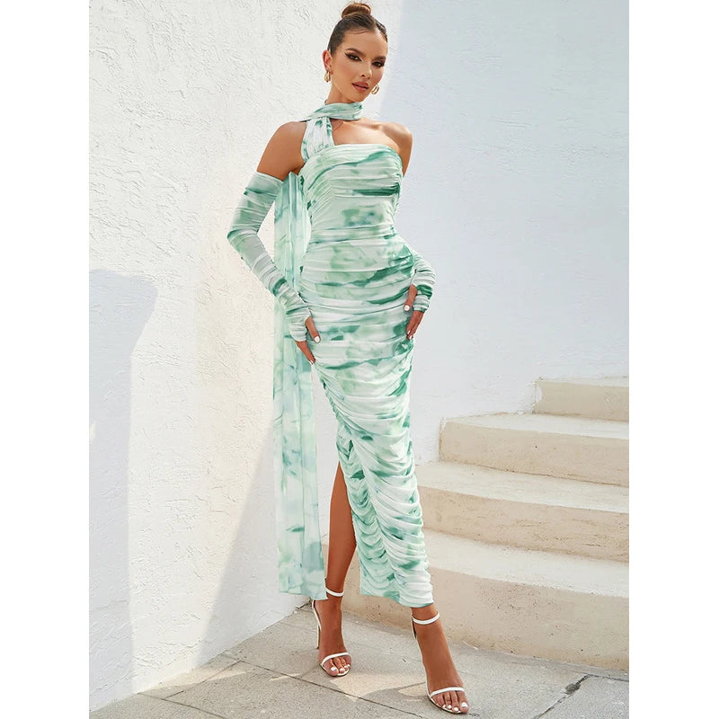 Tie Dye One Shoulder Long Sleeve Ruched High Split Maxi Dress