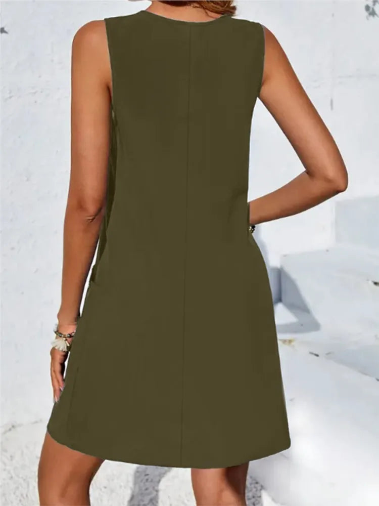 Round Neck Sleeveless Button Pocket Shift Mini Dress
