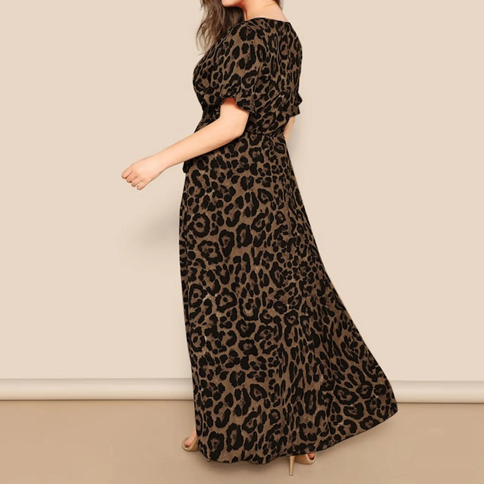 Leopard Deep V-Neck Short Sleeve Wrap A-Line Maxi Dress