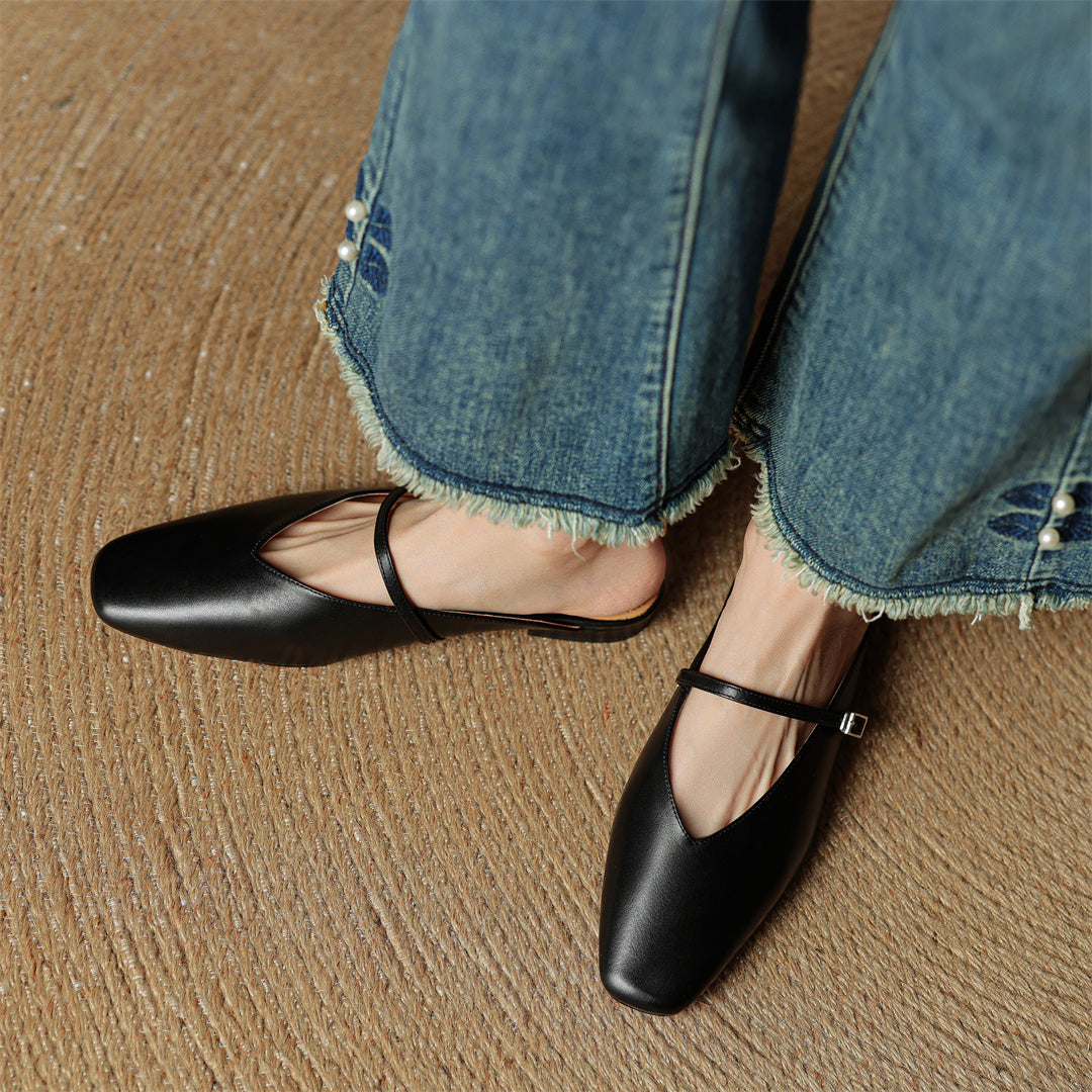 Square Toe Buckle Strap Flat Mules
