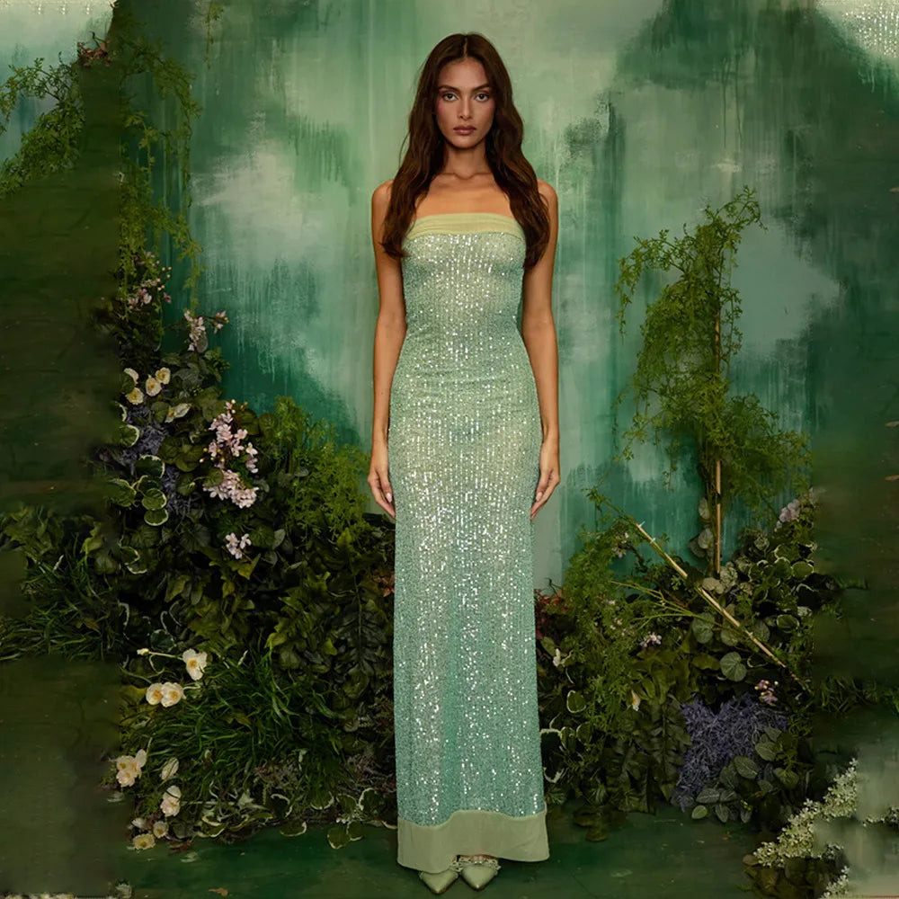 Sequin Strapless Bodycon Maxi Dress with Chiffon Hood Scarf 3