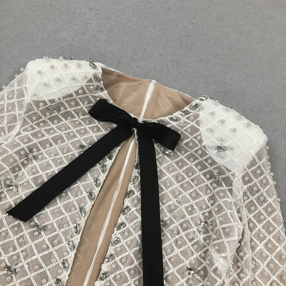 Pearl Beaded Long Sleeve Keyhole Bow Bodycon Mini Dress