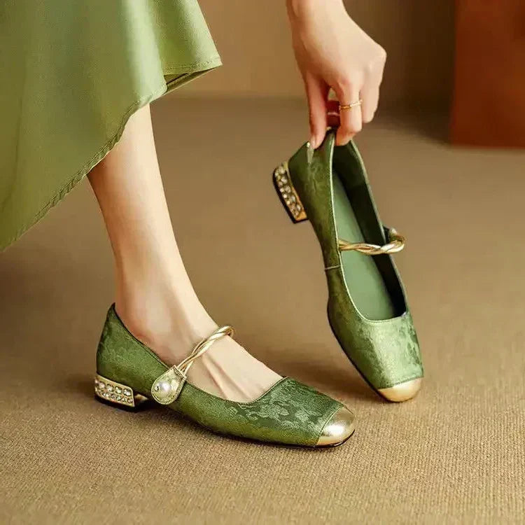 Square Toe Twist Strap Low Block Heel Mary Jane Pumps