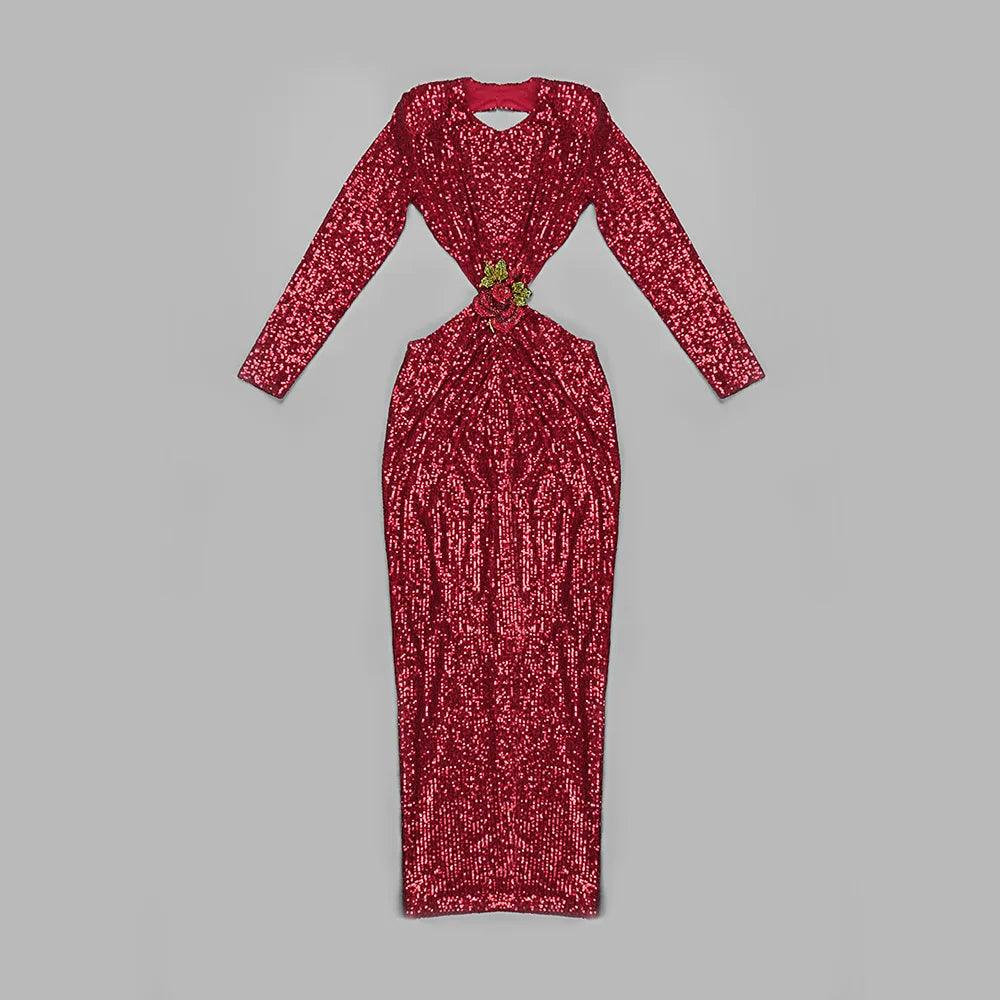 Sequin Long Sleeve Cut Out Bodycon Maxi Dress