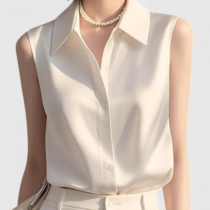 Collared Sleeveless Button Front Satin Blouse