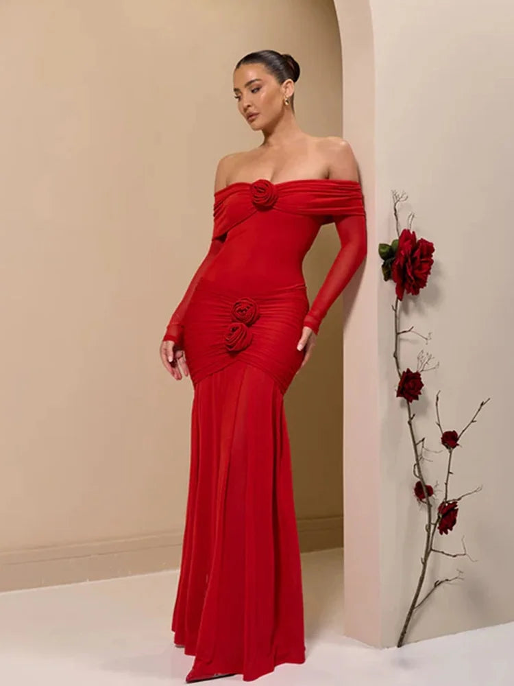 Off Shoulder Long Sleeve Rosette Mermaid Gown