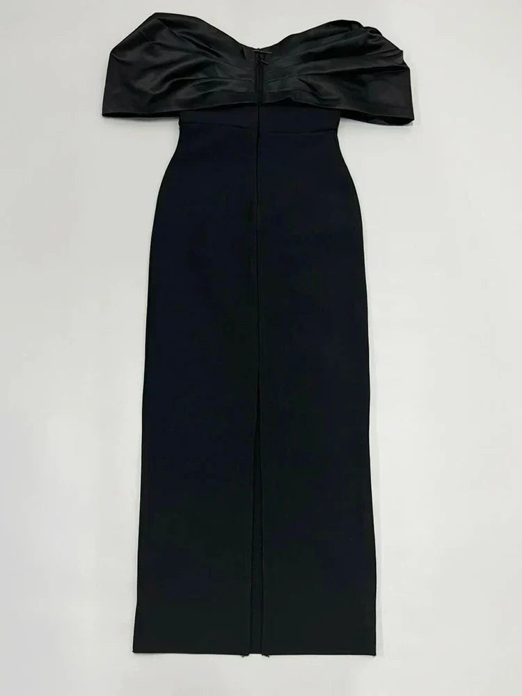 Off Shoulder Satin Bow Rhinestone Embellished Bodycon Midi Dress