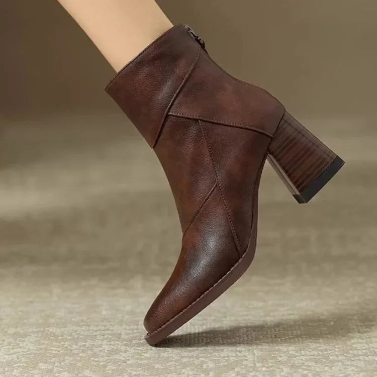 Faux Leather Pointed Toe Chunky Block Heel Ankle Boots