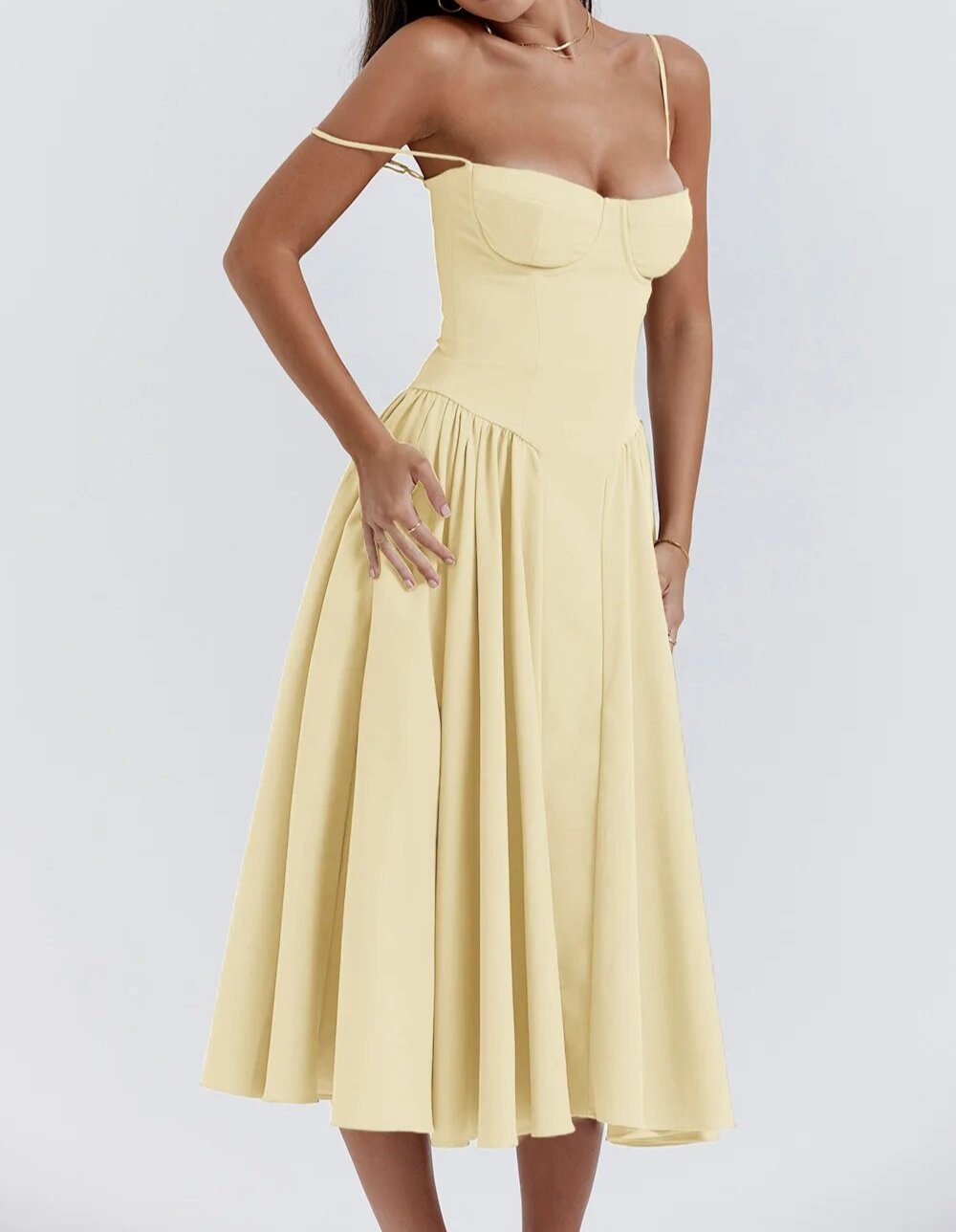 Spaghetti Strap Sweetheart Corset Fit and Flare Midi Dress